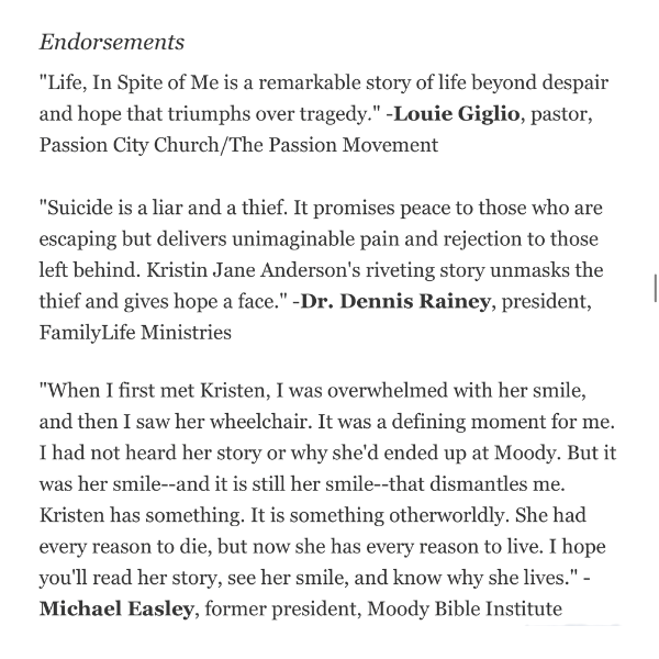 Autographed - Life, In Spite of Me Paperback Book by Kristen Jane Anderson & Tricia Goyer