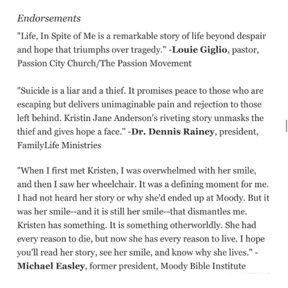 Autographed - Life, In Spite of Me Paperback Book by Kristen Jane Anderson & Tricia Goyer