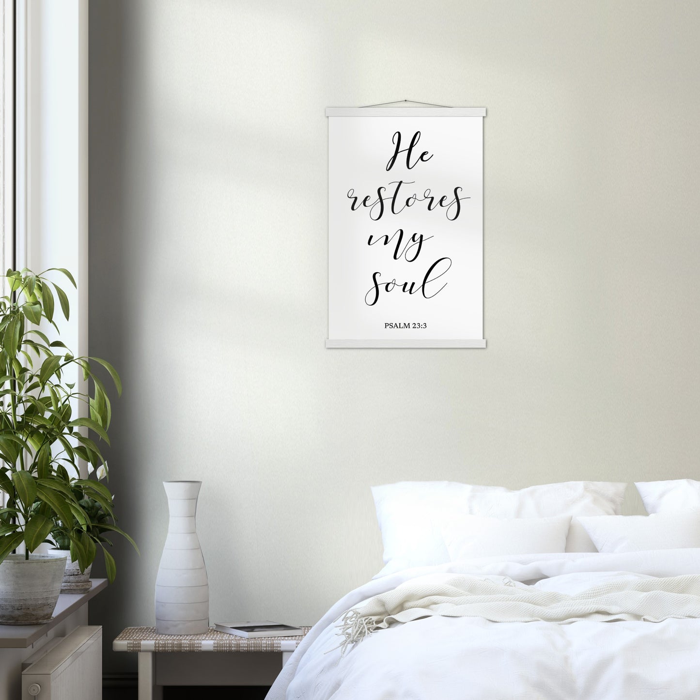 Home Decor | He Restores My Soul | Christian Wall Art | Premium Poster with Banner Wood