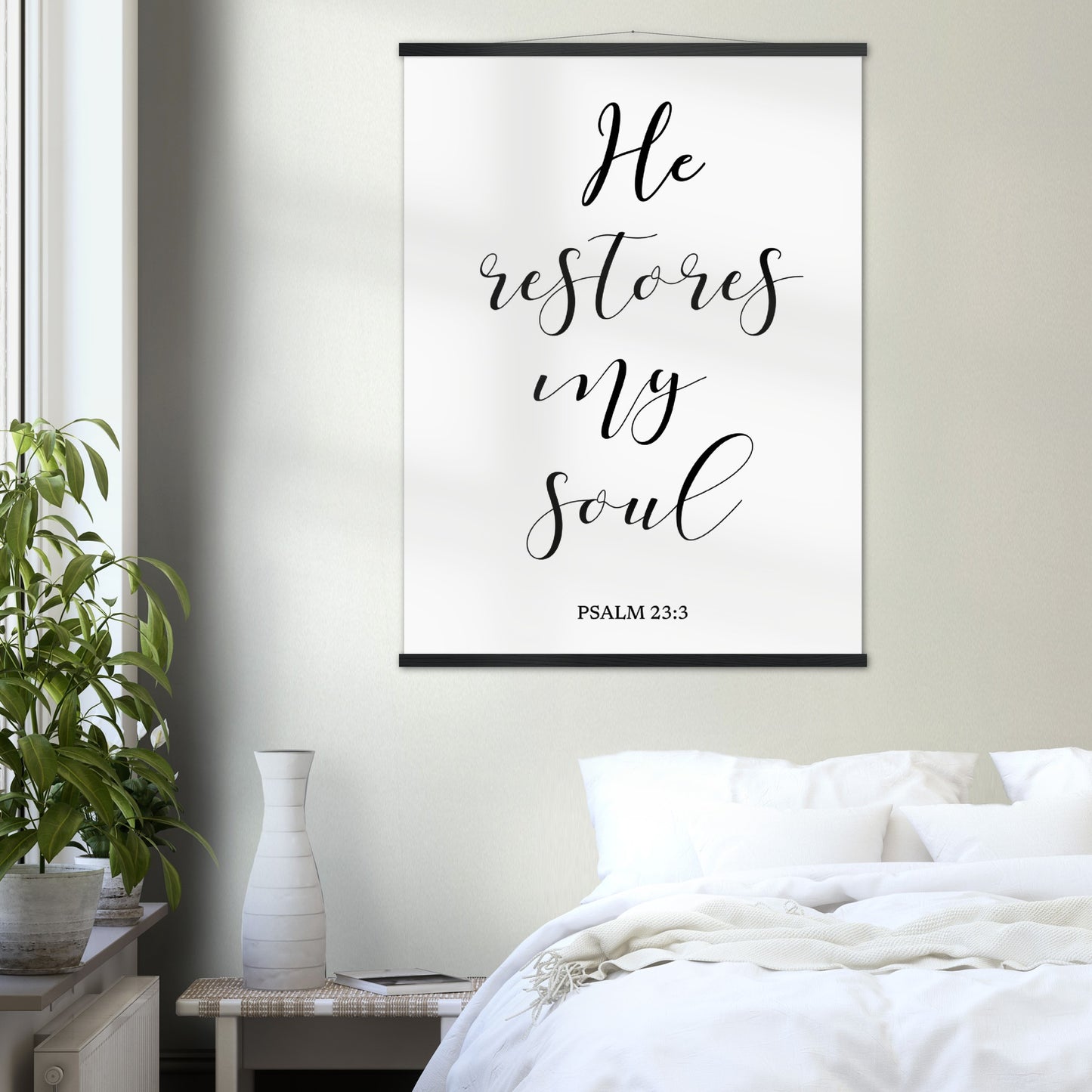 Home Decor | He Restores My Soul | Christian Wall Art | Premium Poster with Banner Wood
